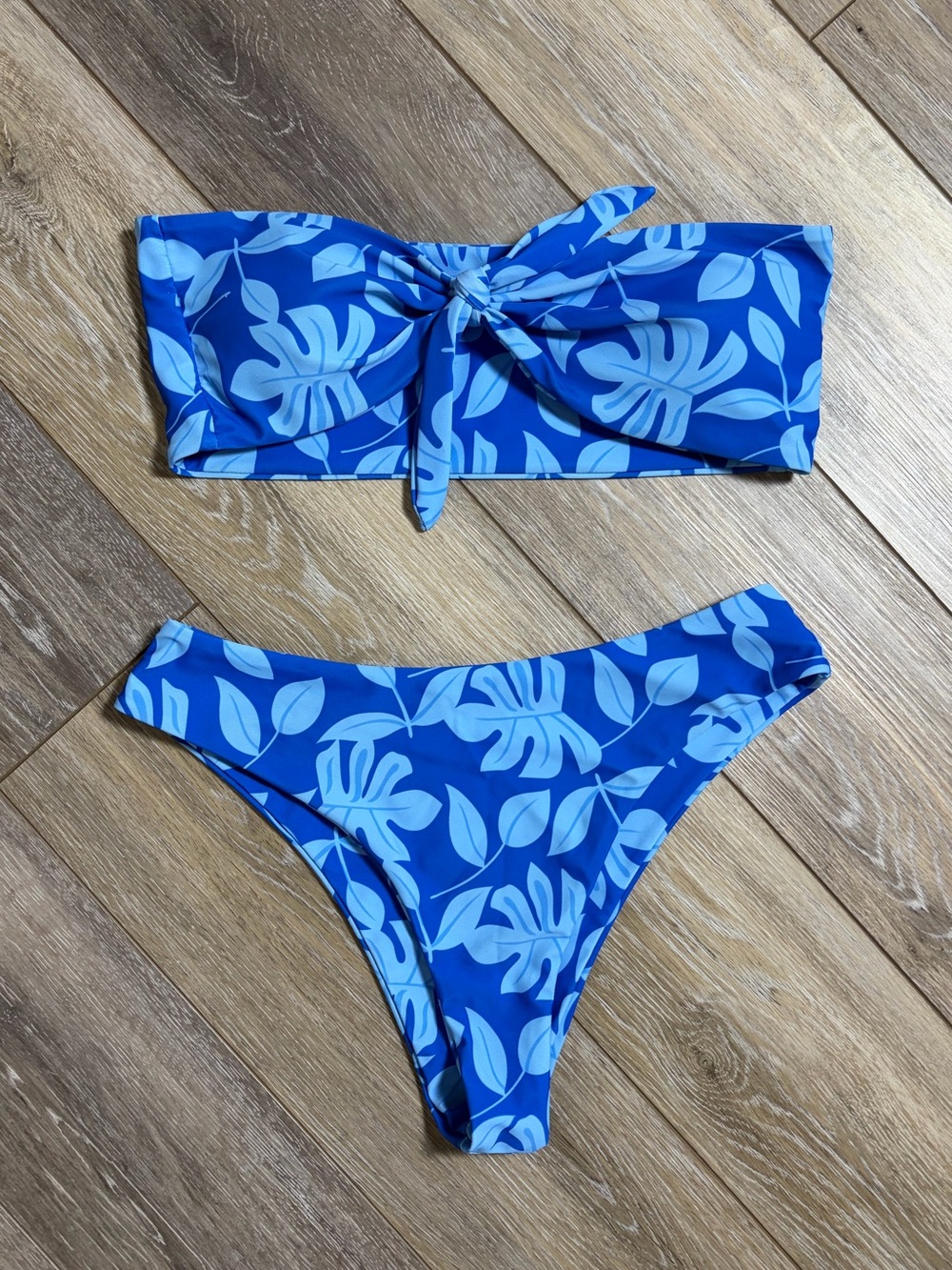 Blue Tropical Leaf Bandeau Bikini Set NWOT